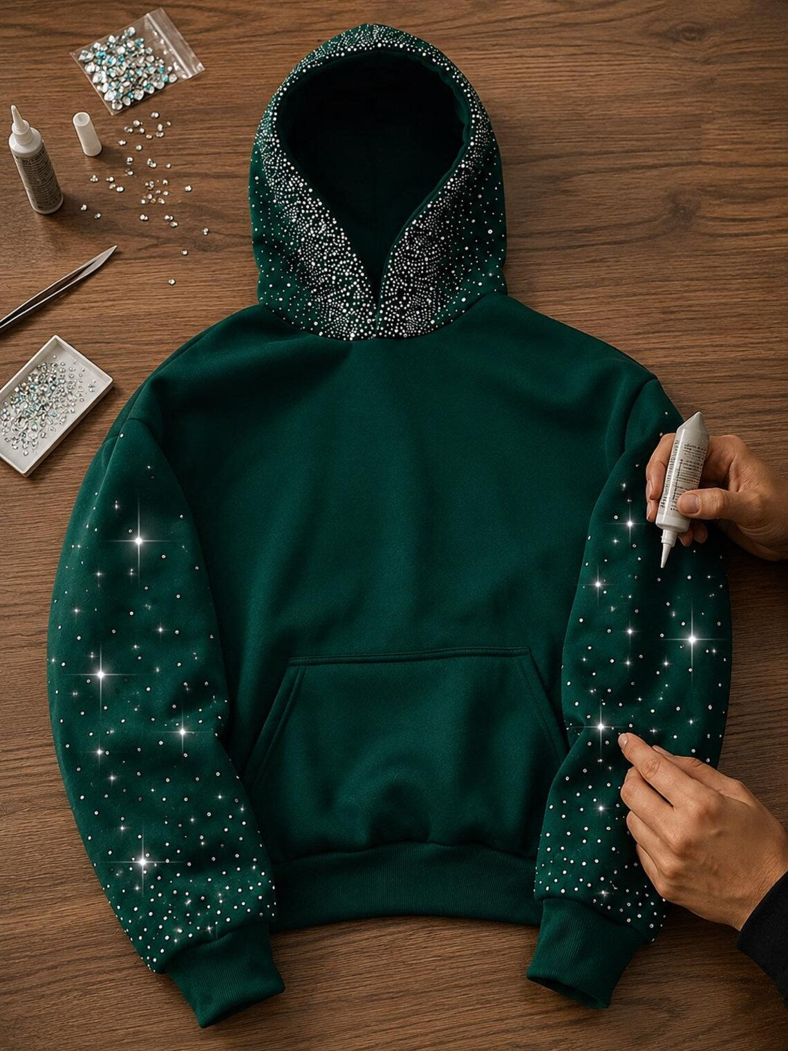 Handmade Y2K Rhinestone Oversized Pullover Sparkly Streetwear Unisex Hoodie