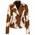 Women's Hair On Hide Biker Coat, Western Moto Outerwear, Genuine Leather Apparel, Black Brown White Fur Fashion