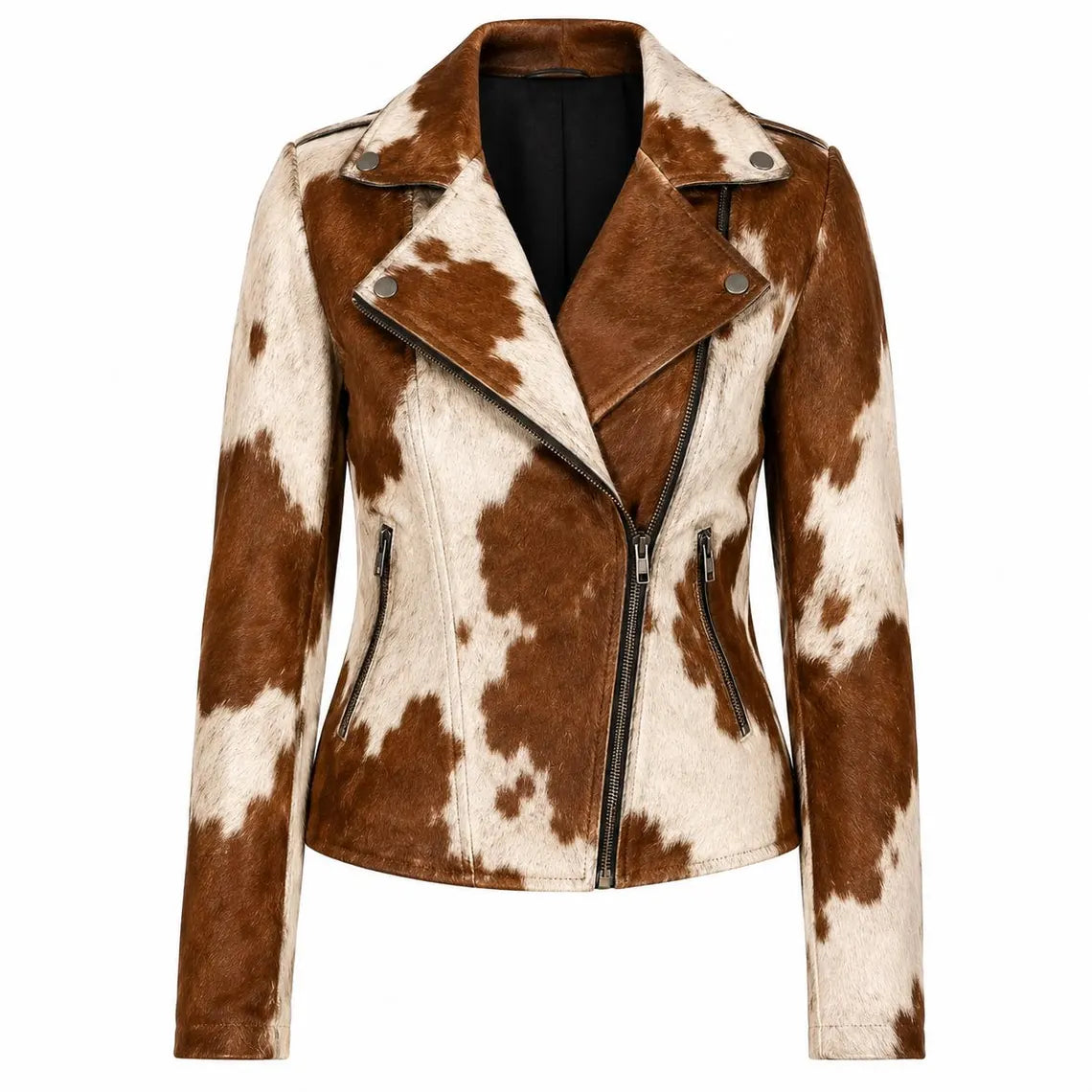 Women's Hair On Hide Biker Coat, Western Moto Outerwear, Genuine Leather Apparel, Black Brown White Fur Fashion