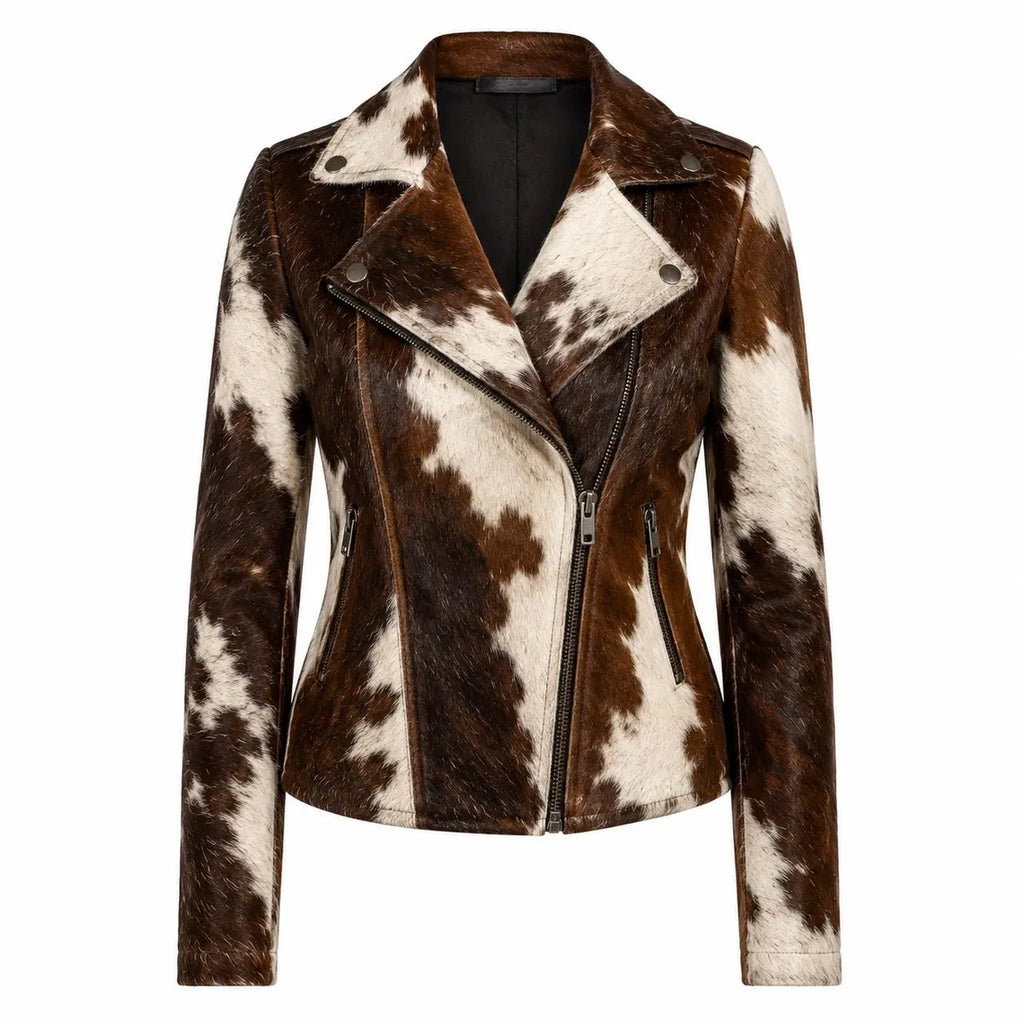 Women's Hair On Hide Biker Coat, Western Moto Outerwear, Genuine Leather Apparel, Black Brown White Fur Fashion