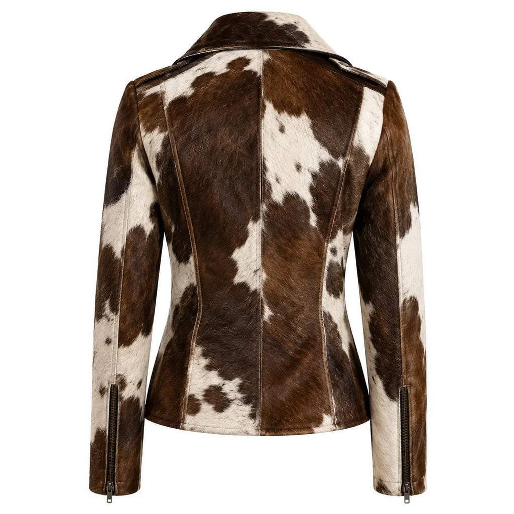 Women's Hair On Hide Biker Coat, Western Moto Outerwear, Genuine Leather Apparel, Black Brown White Fur Fashion