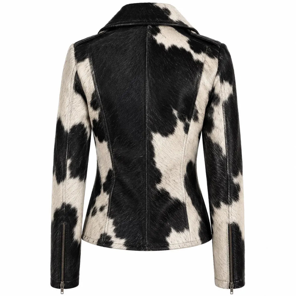 Women's Hair On Hide Biker Coat, Western Moto Outerwear, Genuine Leather Apparel, Black Brown White Fur Fashion