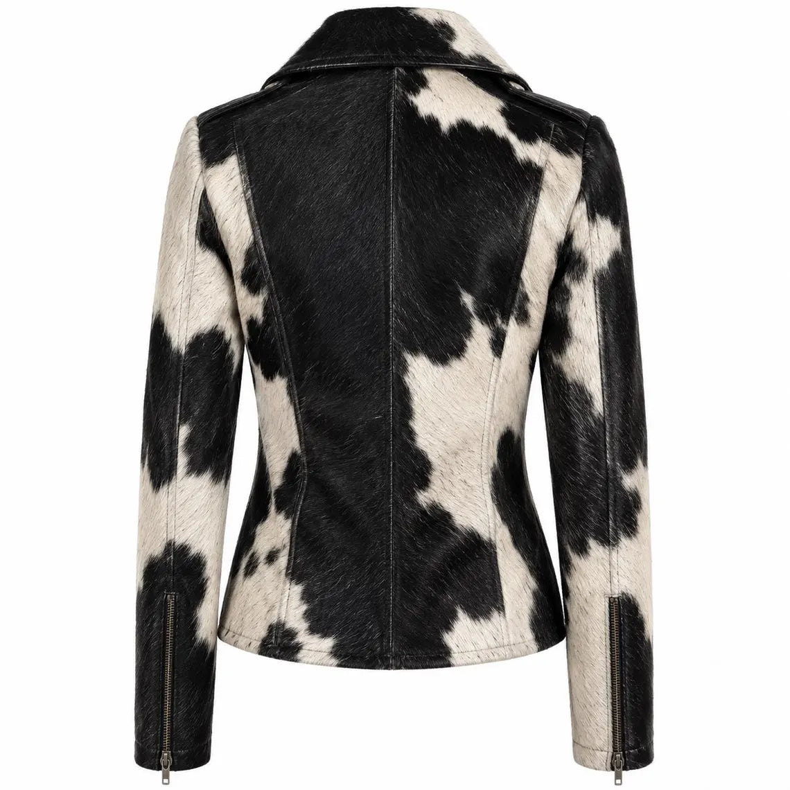 Women's Hair On Hide Biker Coat, Western Moto Outerwear, Genuine Leather Apparel, Black Brown White Fur Fashion