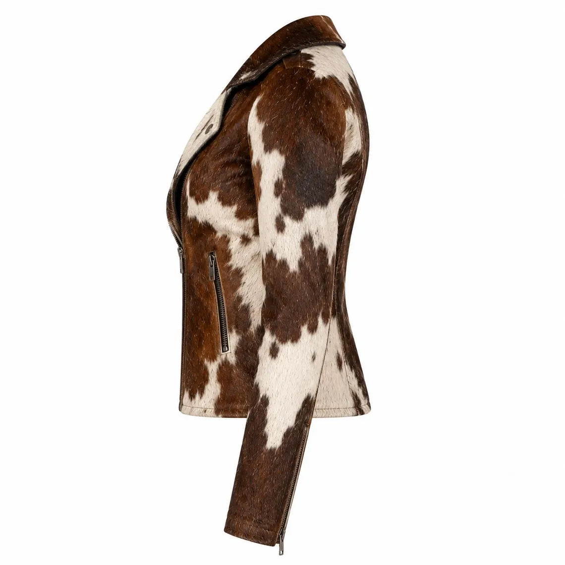 Women's Hair On Hide Biker Coat, Western Moto Outerwear, Genuine Leather Apparel, Black Brown White Fur Fashion