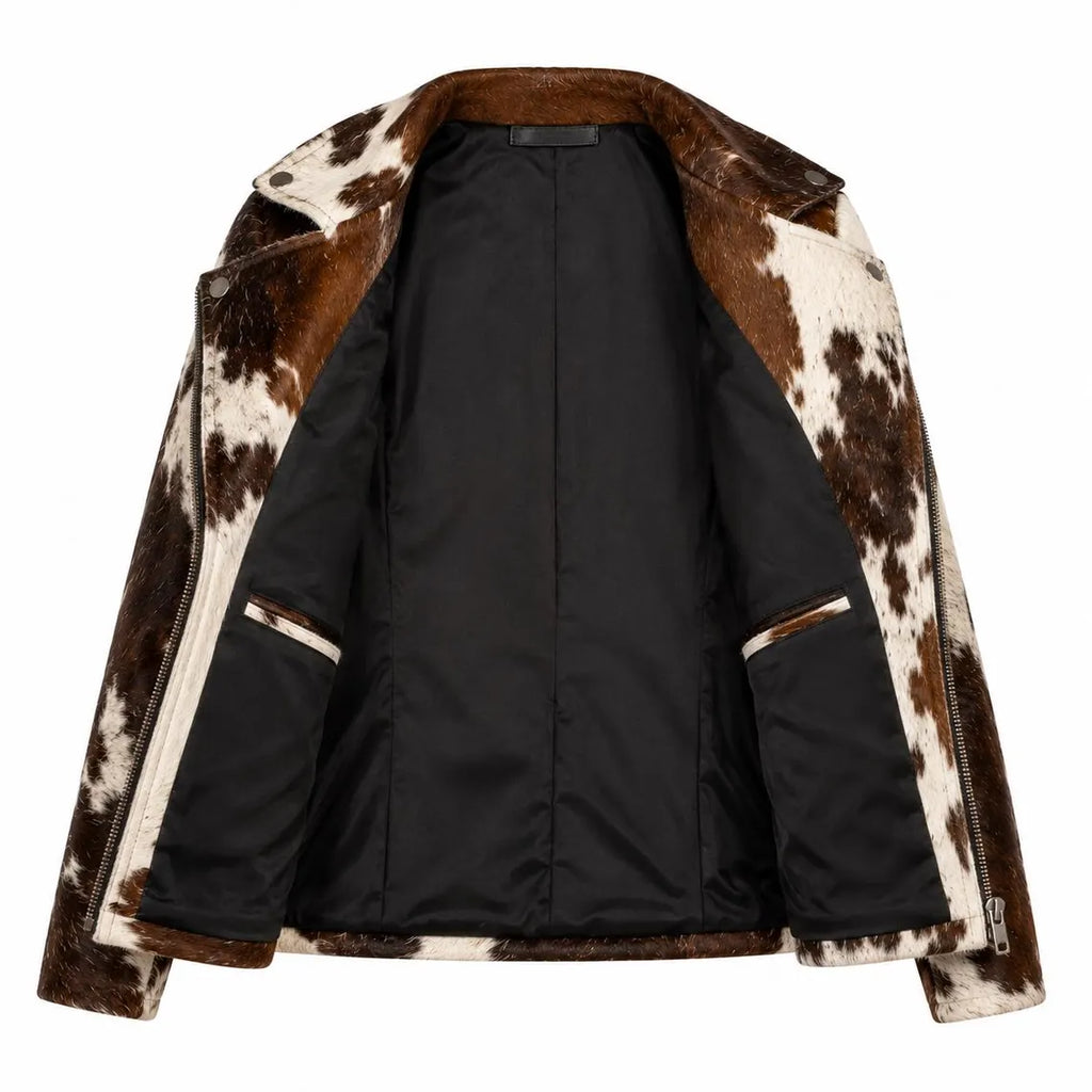 Women's Hair On Hide Biker Coat, Western Moto Outerwear, Genuine Leather Apparel, Black Brown White Fur Fashion