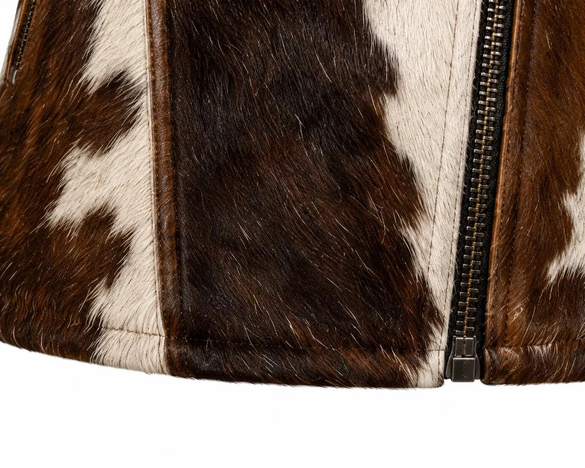 Women's Hair On Hide Biker Coat, Western Moto Outerwear, Genuine Leather Apparel, Black Brown White Fur Fashion