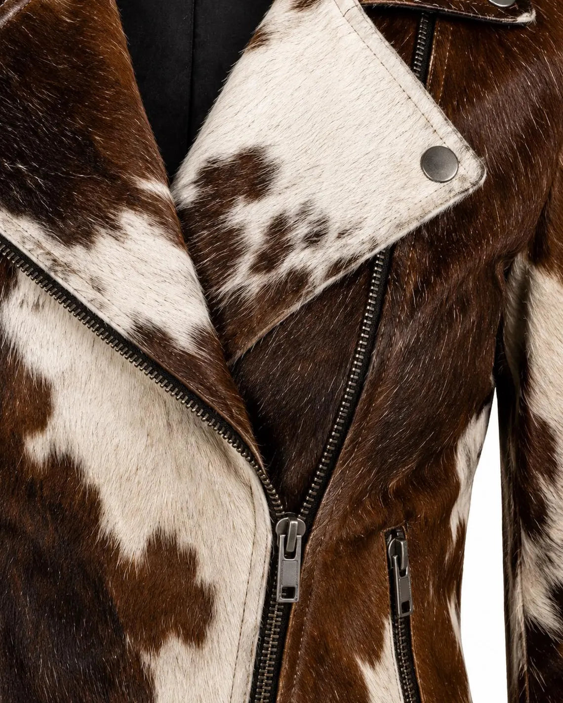Women's Hair On Hide Biker Coat, Western Moto Outerwear, Genuine Leather Apparel, Black Brown White Fur Fashion