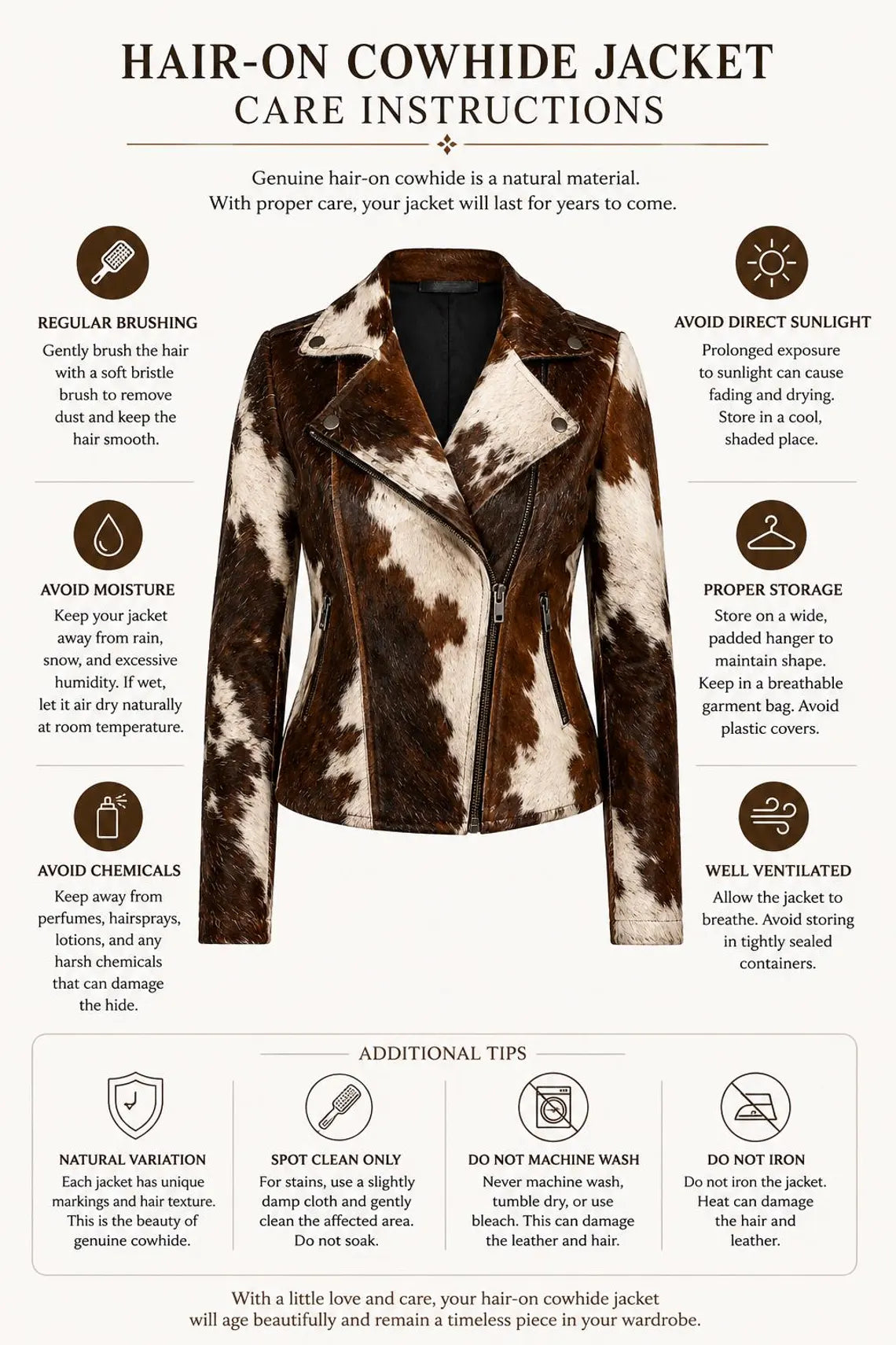 Women's Hair On Hide Biker Coat, Western Moto Outerwear, Genuine Leather Apparel, Black Brown White Fur Fashion