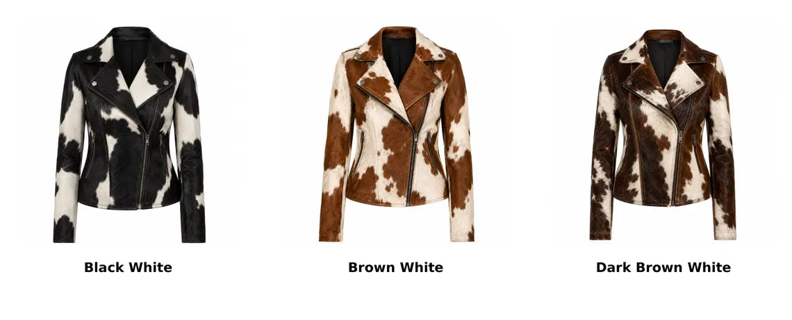 Women's Hair On Hide Biker Coat, Western Moto Outerwear, Genuine Leather Apparel, Black Brown White Fur Fashion