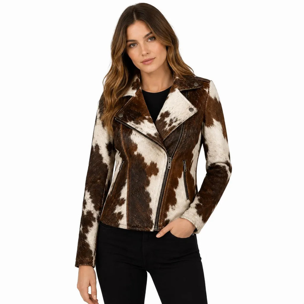 Women's Hair On Hide Biker Coat, Western Moto Outerwear, Genuine Leather Apparel, Black Brown White Fur Fashion