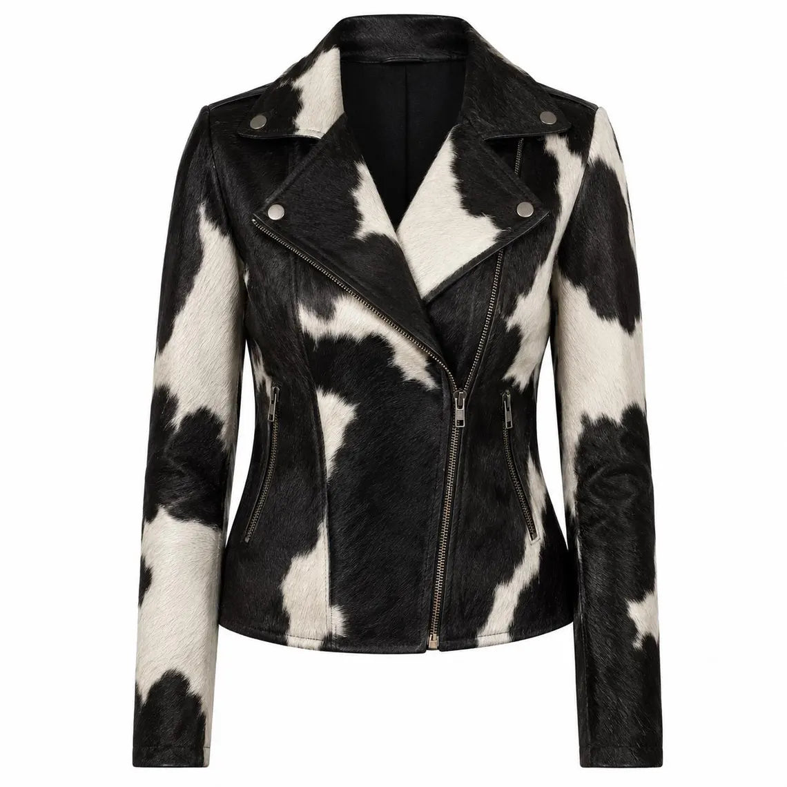 Women's Hair On Hide Biker Coat, Western Moto Outerwear, Genuine Leather Apparel, Black Brown White Fur Fashion