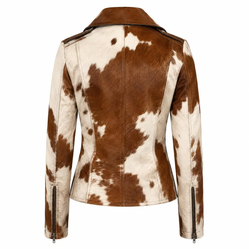 Women's Hair On Hide Biker Coat, Western Moto Outerwear, Genuine Leather Apparel, Black Brown White Fur Fashion