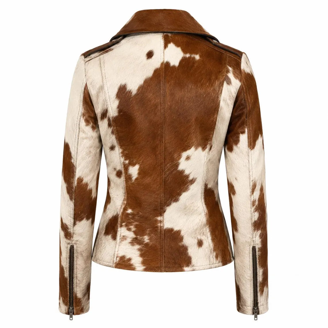 Women's Hair On Hide Biker Coat, Western Moto Outerwear, Genuine Leather Apparel, Black Brown White Fur Fashion
