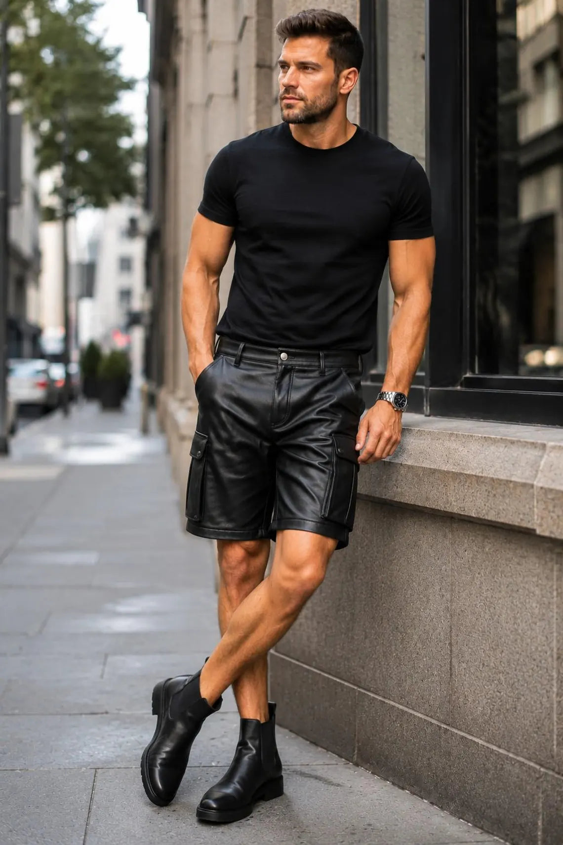 Men's Black Sheepskin Leather Cargo Shorts, Summer Streetwear Shorts