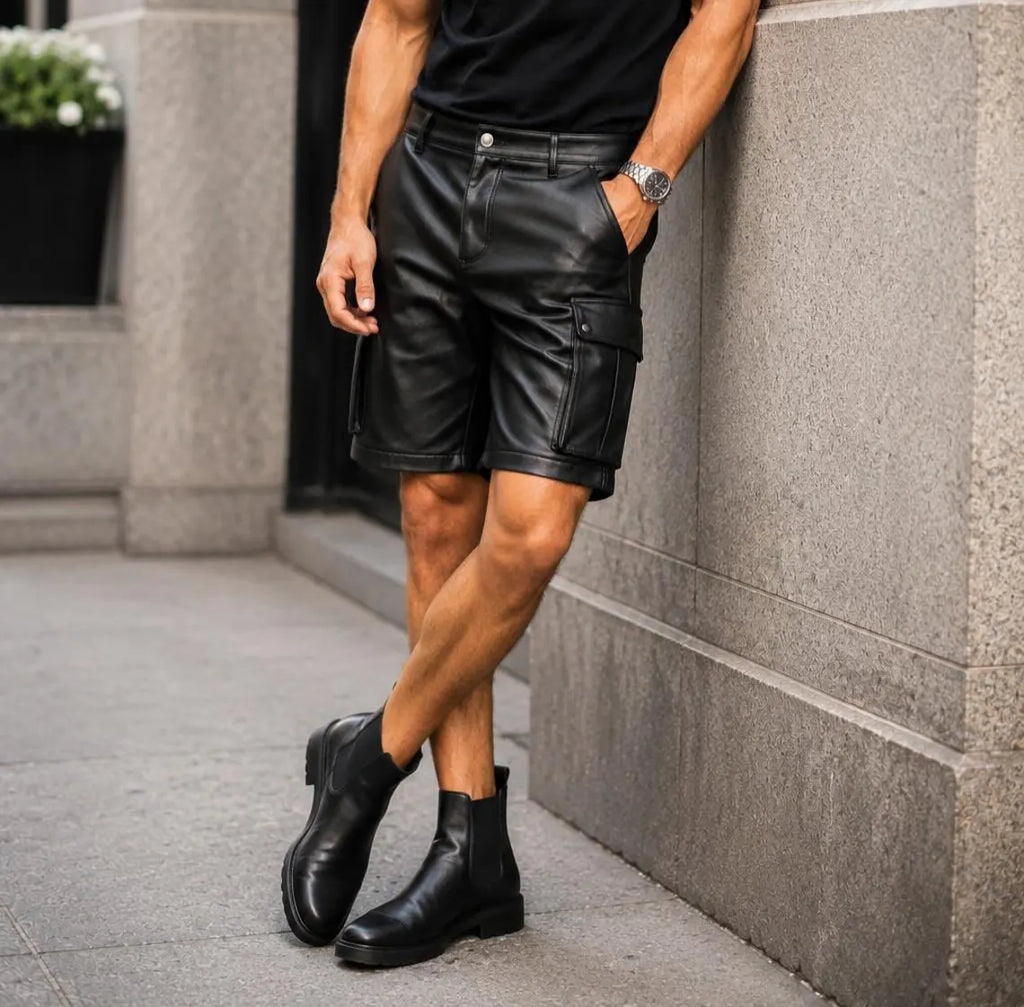 Men's Black Sheepskin Leather Cargo Shorts, Summer Streetwear Shorts