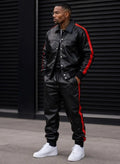 Men's Black Leather Tracksuit with Red Stripes, Luxury Leather Jogger Set, Custom Leather Streetwear Suit