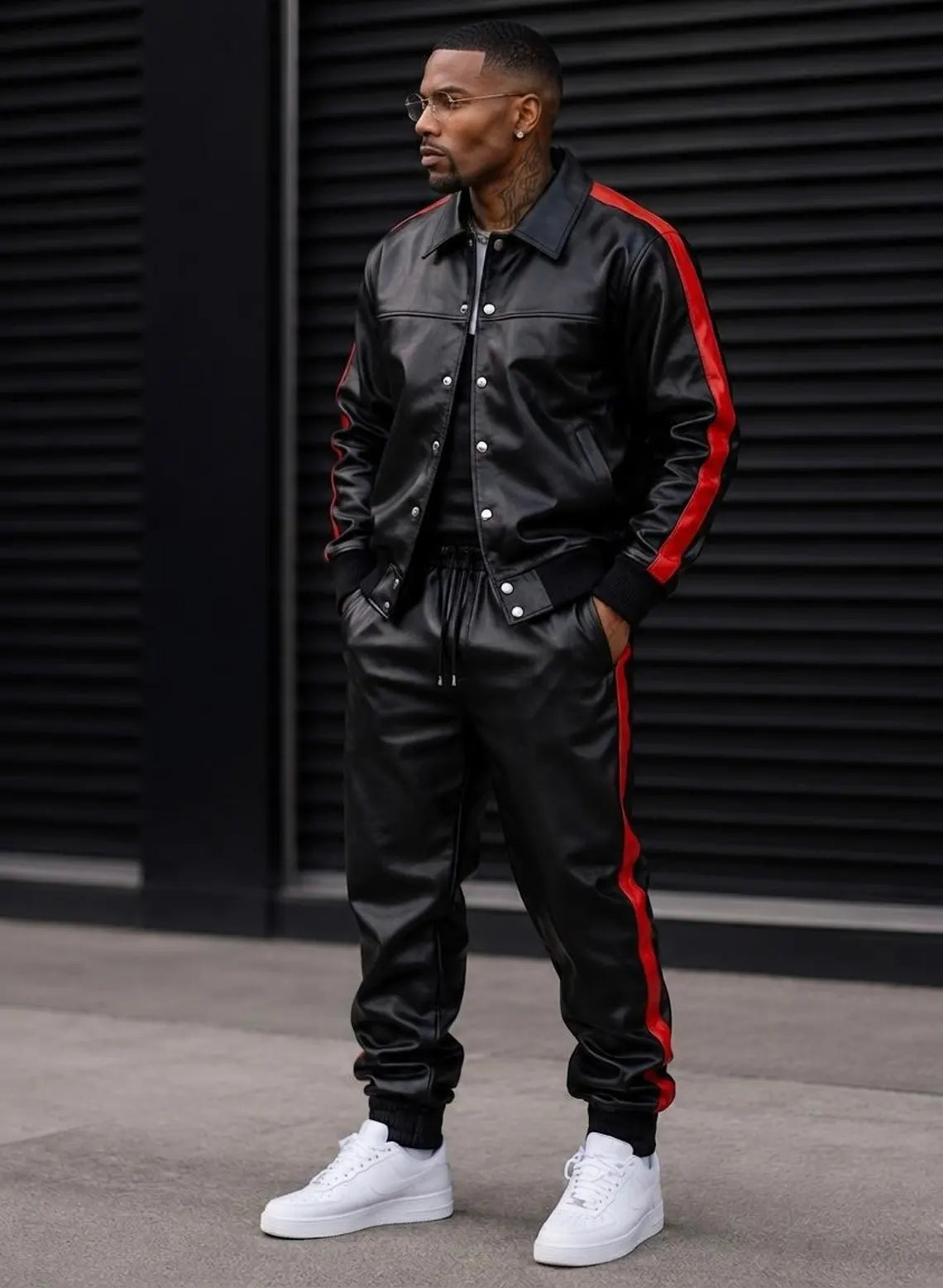 Men's Black Leather Tracksuit with Red Stripes, Luxury Leather Jogger Set, Custom Leather Streetwear Suit