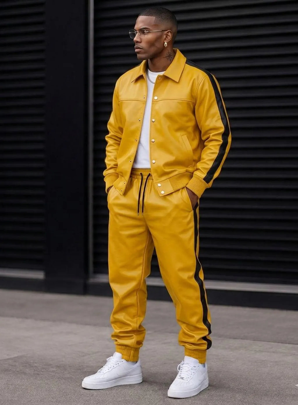 Men's Black Leather Tracksuit with Red Stripes, Luxury Leather Jogger Set, Custom Leather Streetwear Suit