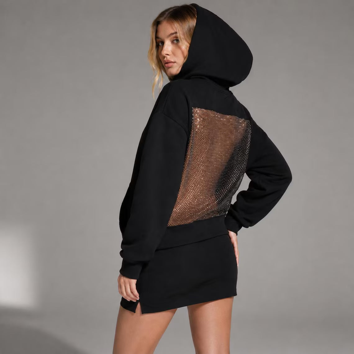 Women's See Through Back Hoodie | Mesh Panel Open Back Hooded Top | Casual Streetwear Pullover