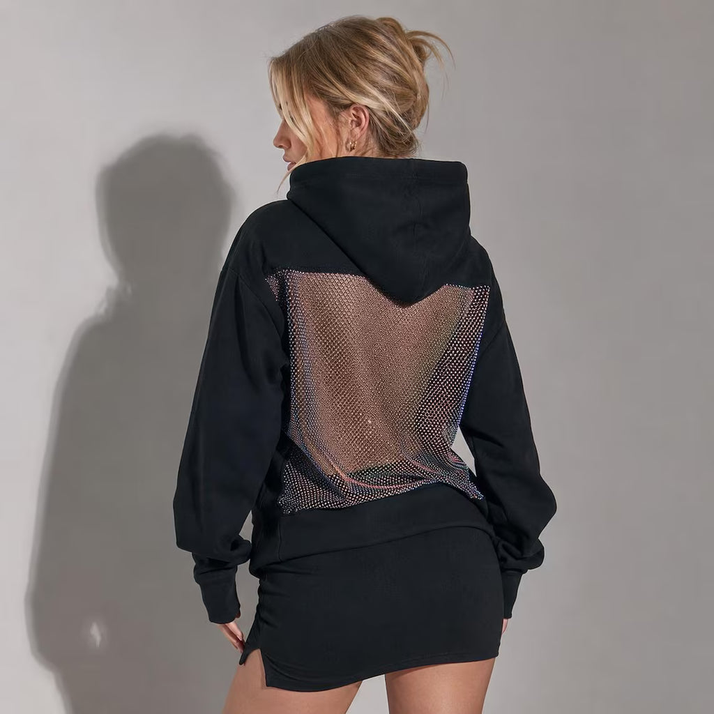 Women's See Through Back Hoodie | Mesh Panel Open Back Hooded Top | Casual Streetwear Pullover