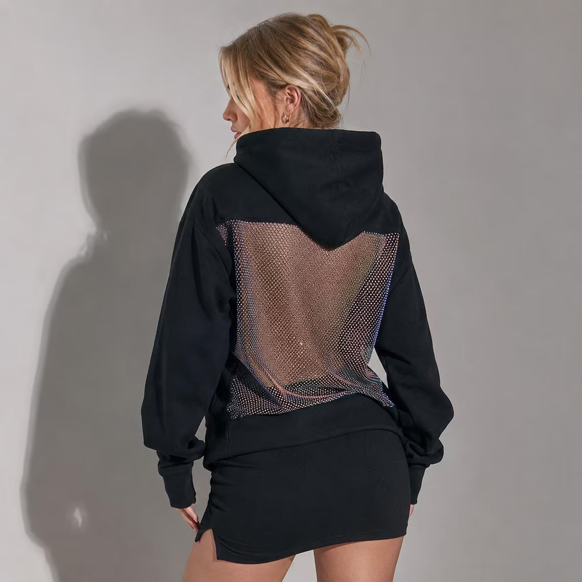 Women's See Through Back Hoodie | Mesh Panel Open Back Hooded Top | Casual Streetwear Pullover