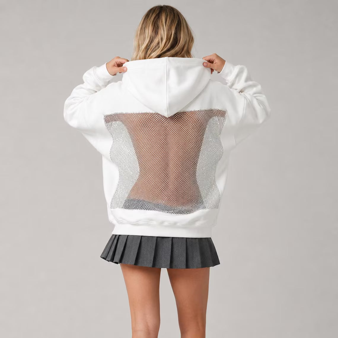 Women's See Through Back Hoodie | Mesh Panel Open Back Hooded Top | Casual Streetwear Pullover
