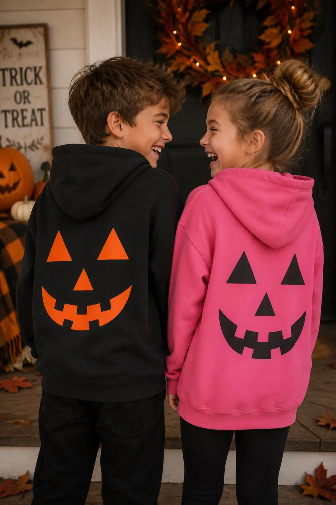 Jack-O'-Lantern Hoodie | Youth Halloween Hoodie | Pumpkin Face Sibling Sweatshirt | Gift for Kids