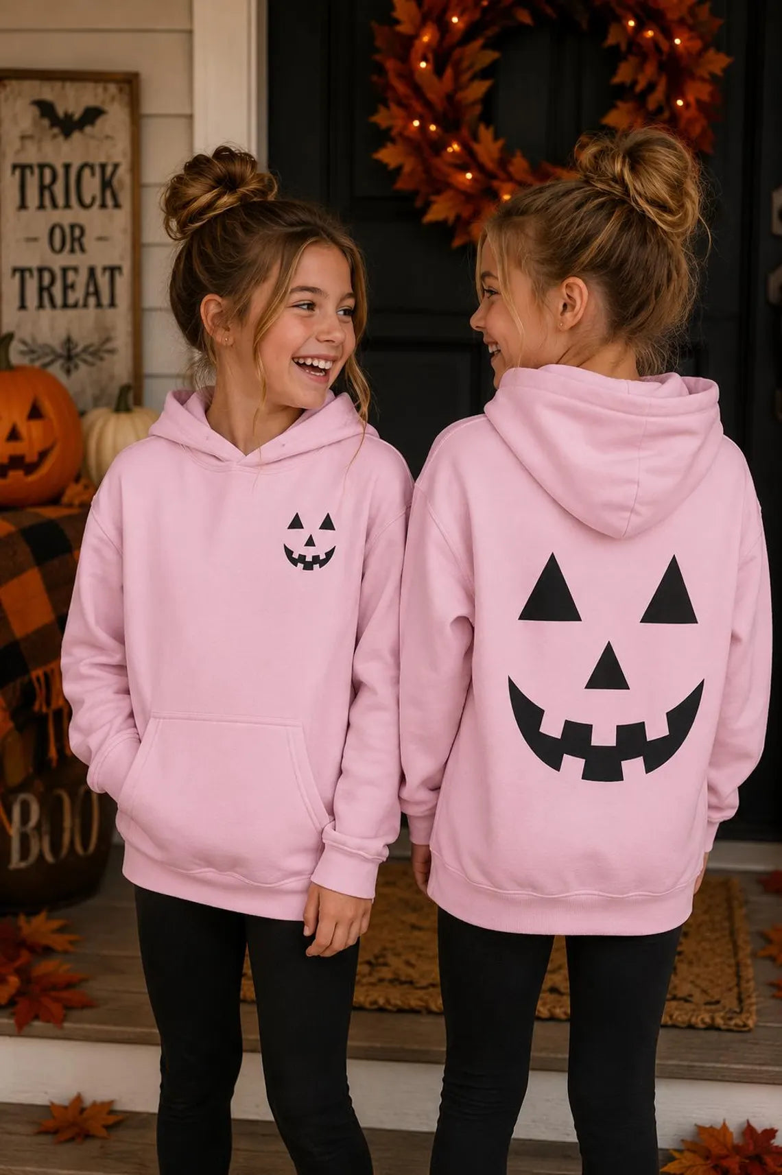 Jack-O'-Lantern Hoodie | Youth Halloween Hoodie | Pumpkin Face Sibling Sweatshirt | Gift for Kids