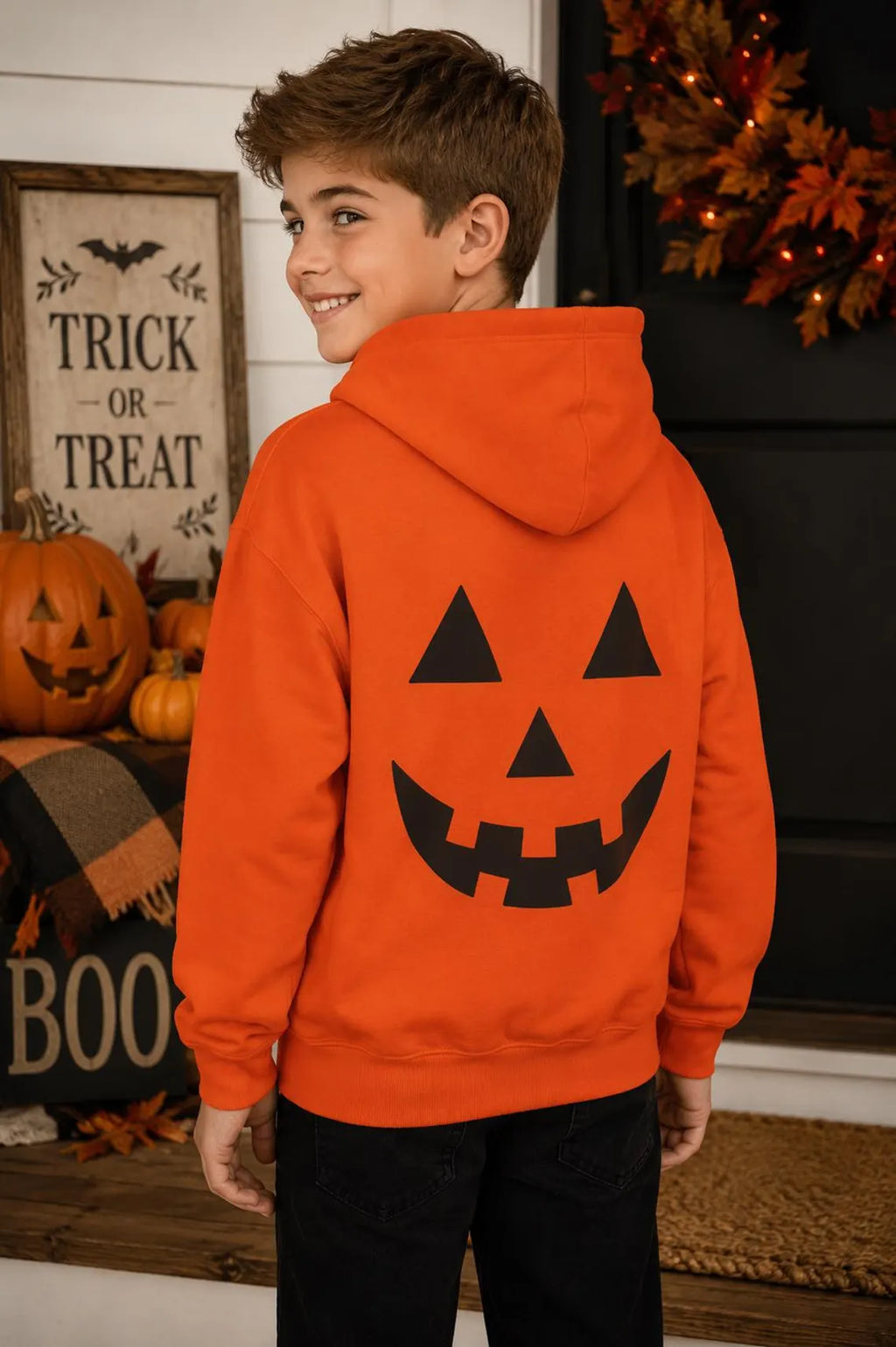 Jack-O'-Lantern Hoodie | Youth Halloween Hoodie | Pumpkin Face Sibling Sweatshirt | Gift for Kids