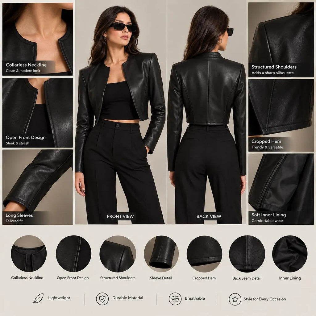 Genuine Sheepskin Leather Jacket, Cropped Biker Style, Collarless Design