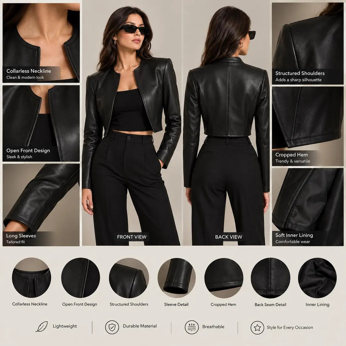Genuine Sheepskin Leather Jacket, Cropped Biker Style, Collarless Design