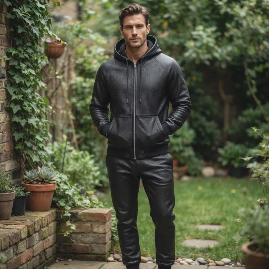 LUXE Faux Leather Tracksuit - Zip Hoodie & Jogger Set - Premium Leather Loungewear