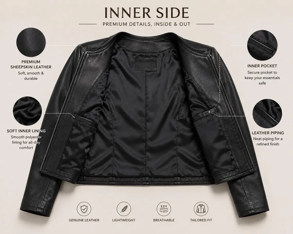 Genuine Sheepskin Leather Jacket, Cropped Biker Style, Collarless Design