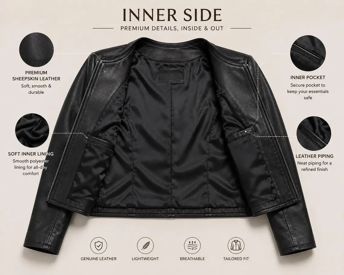 Genuine Sheepskin Leather Jacket, Cropped Biker Style, Collarless Design