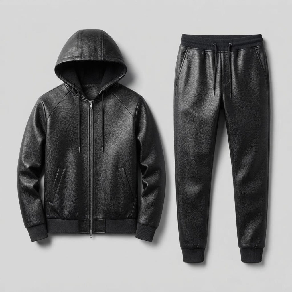 LUXE Faux Leather Tracksuit - Zip Hoodie & Jogger Set - Premium Leather Loungewear