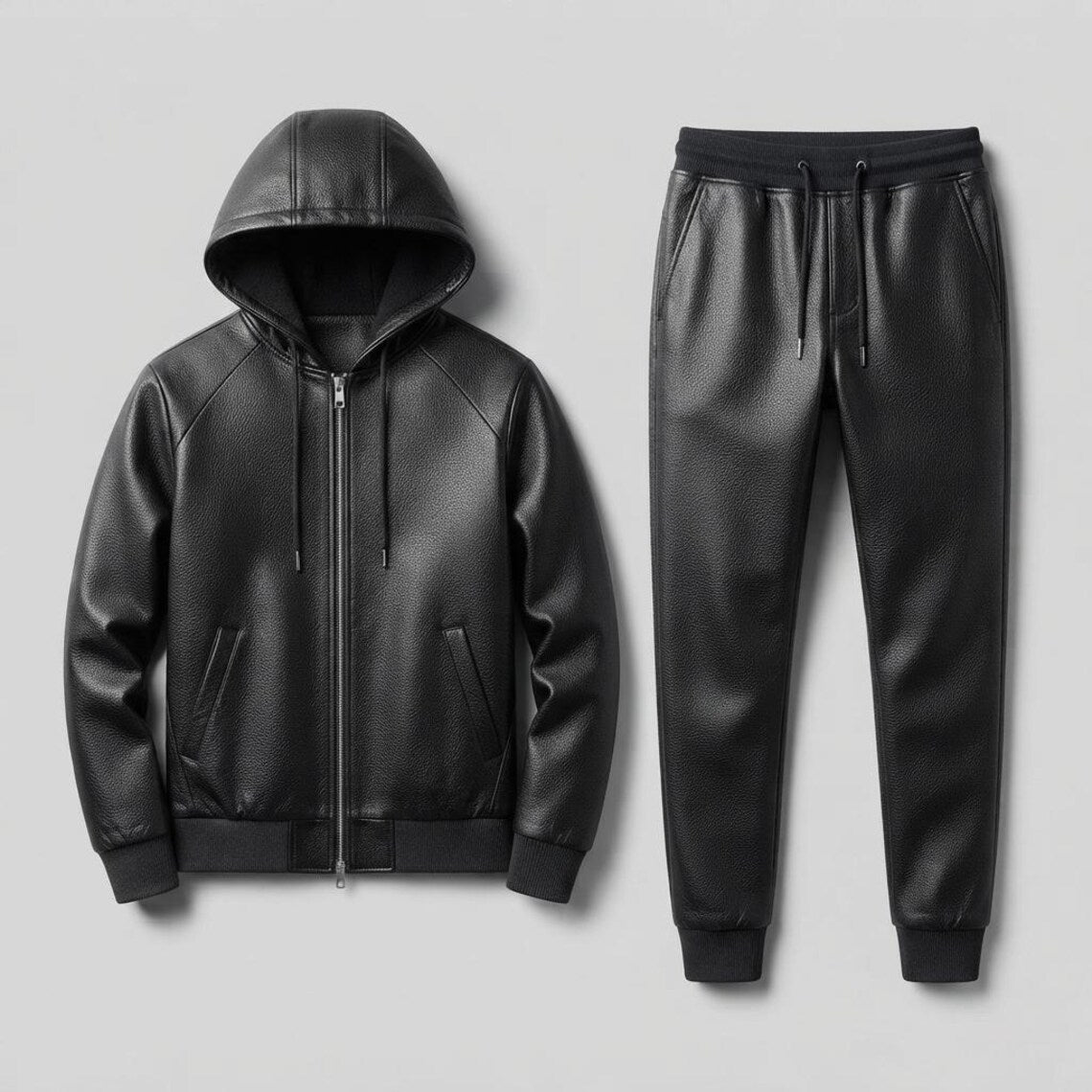 LUXE Faux Leather Tracksuit - Zip Hoodie & Jogger Set - Premium Leather Loungewear