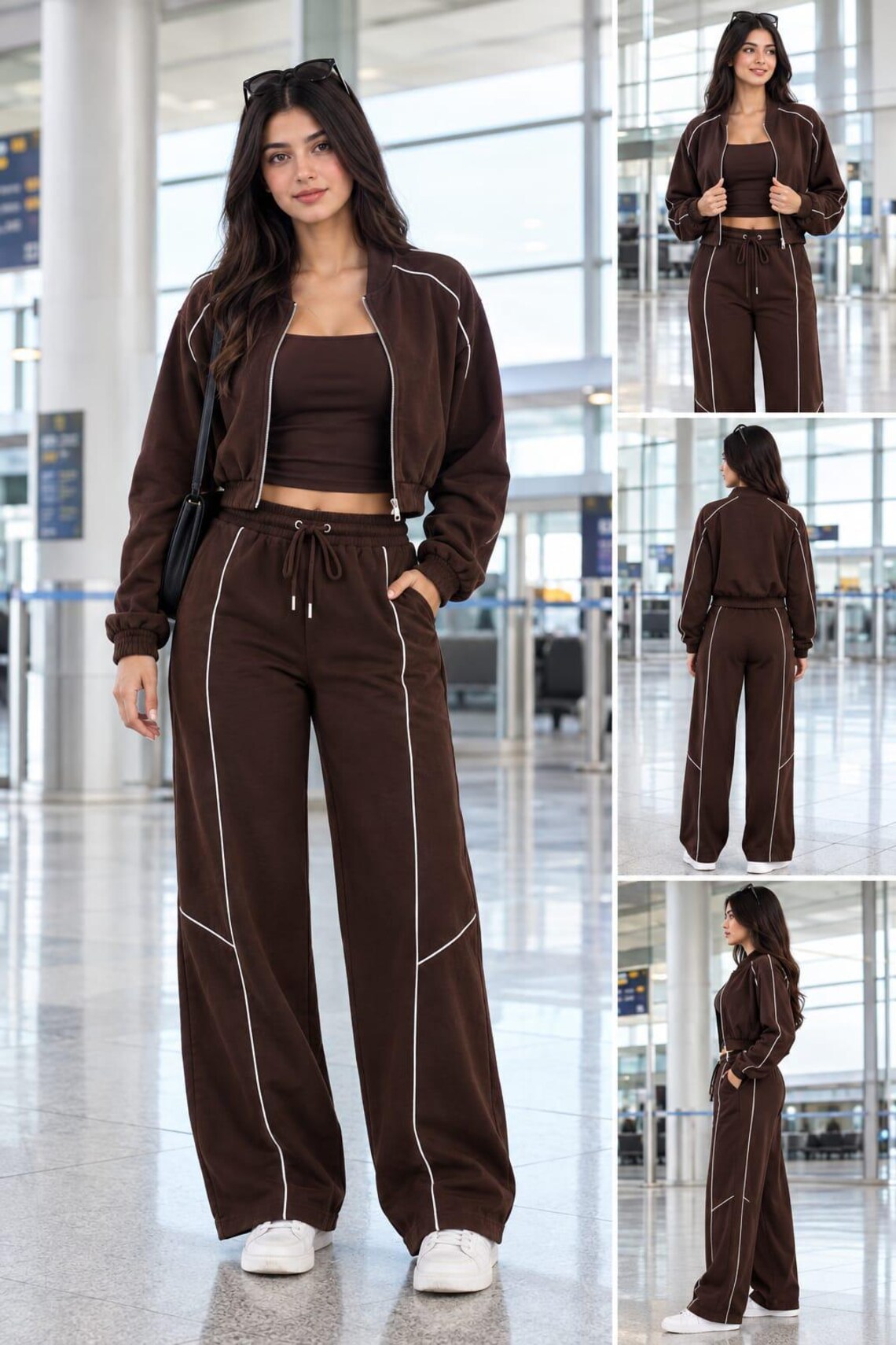 Women's Cotton Fleece Tracksuit Set, Zip-Up Jacket, Wide Leg Pants, Tank Top (3-Piece)