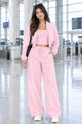 Women's Cotton Fleece Tracksuit Set, Zip-Up Jacket, Wide Leg Pants, Tank Top (3-Piece)