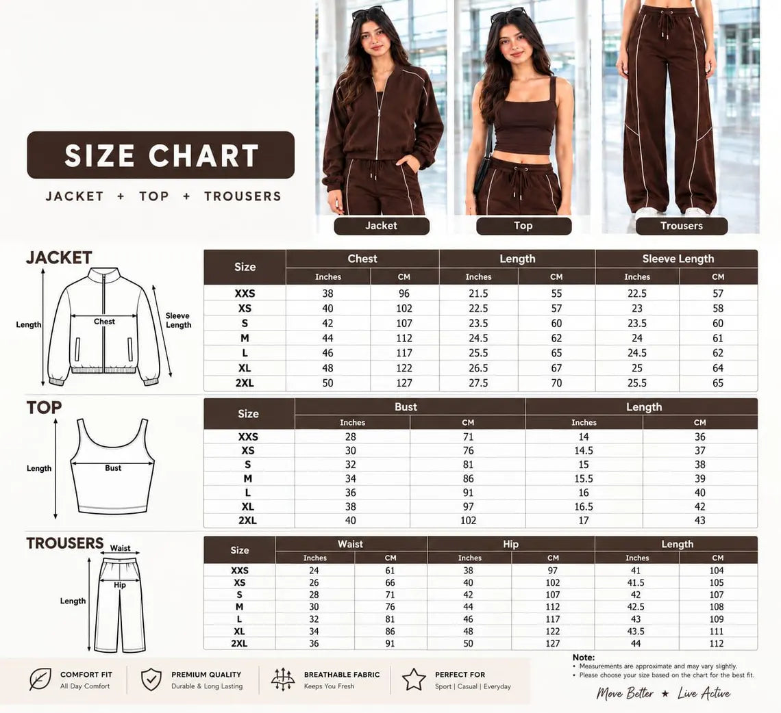 Women's Cotton Fleece Tracksuit Set, Zip-Up Jacket, Wide Leg Pants, Tank Top (3-Piece)