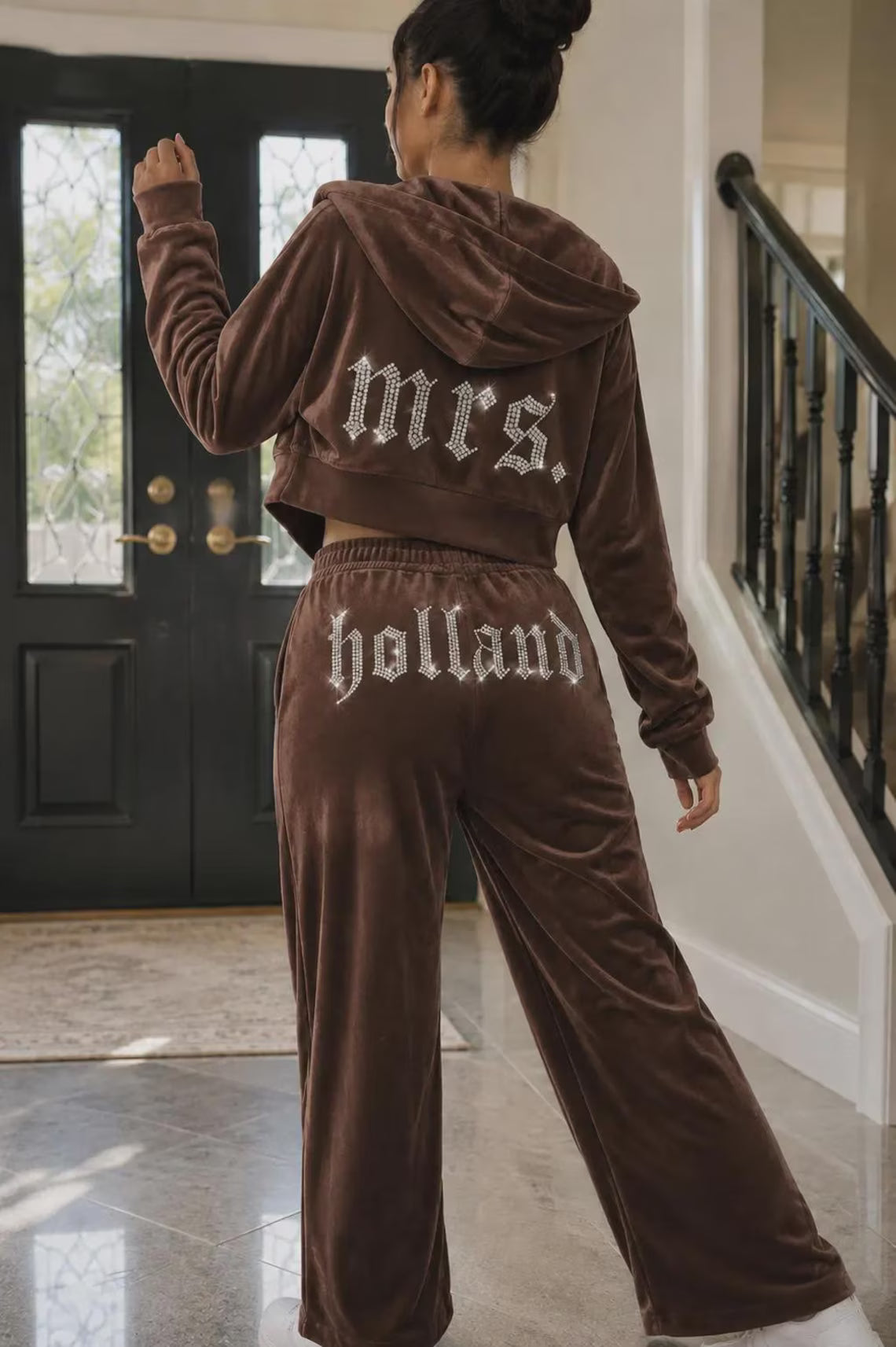 Women Y2K Velour Tracksuit Custom Bling Hoodie And Sweatpants