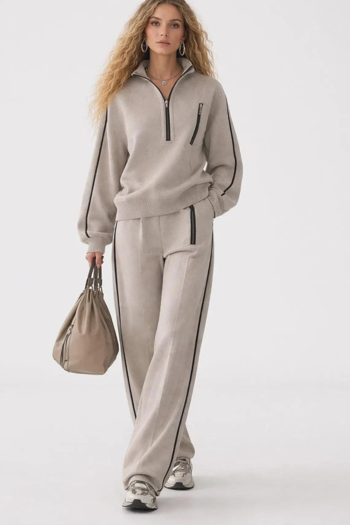 Women's Cotton Fleece Tracksuit Set, Zip-Up Jacket, Wide Leg Pants, Tank Top (3-Piece)