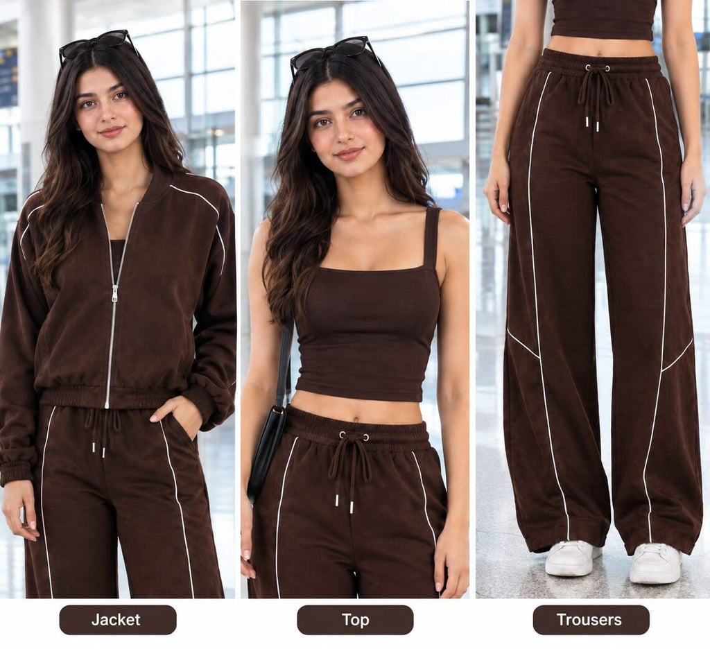 Women's Cotton Fleece Tracksuit Set, Zip-Up Jacket, Wide Leg Pants, Tank Top (3-Piece)