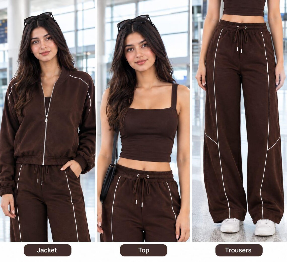 Women's Cotton Fleece Tracksuit Set, Zip-Up Jacket, Wide Leg Pants, Tank Top (3-Piece)