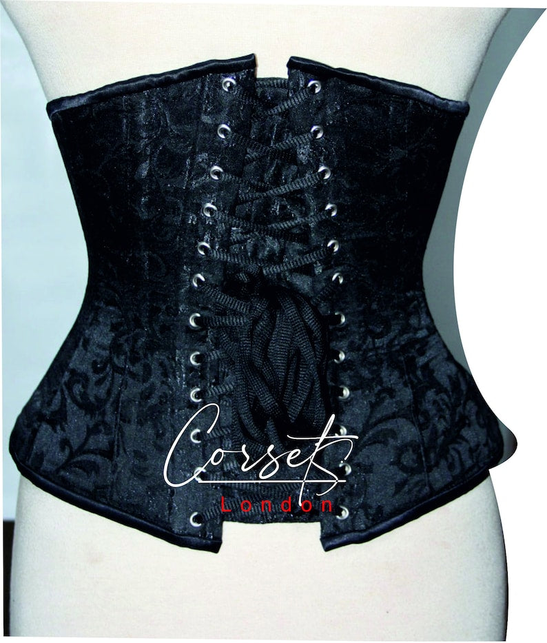Black Gothic Brocade Underbust Corset: Steel Boned Victorian Waist Trainer