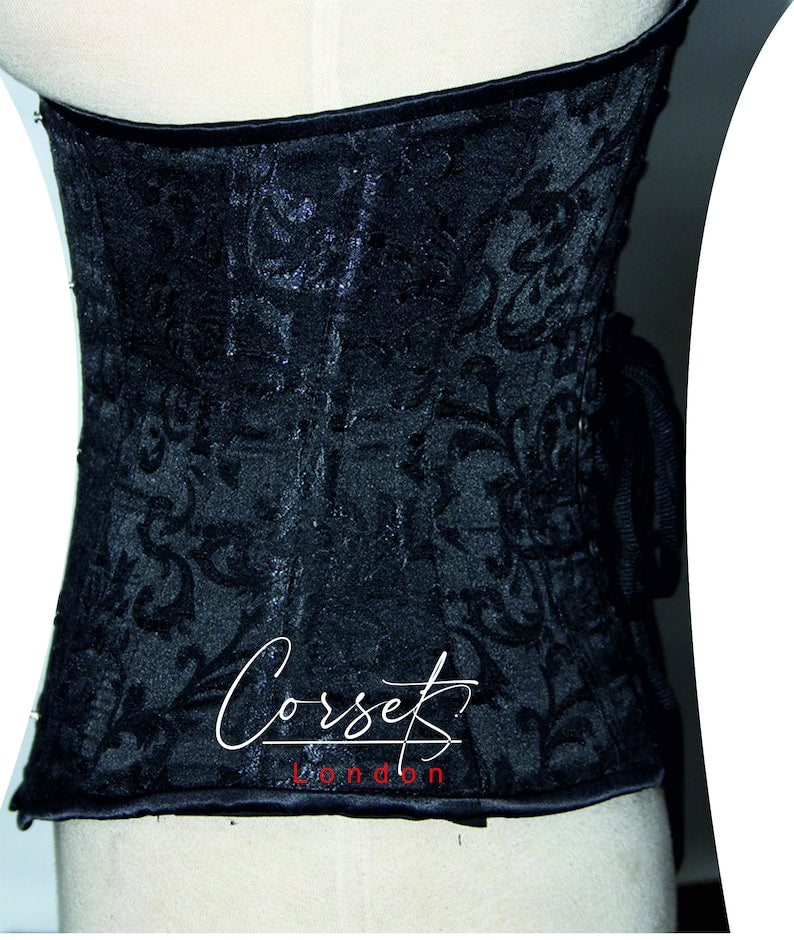 Black Gothic Brocade Underbust Corset: Steel Boned Victorian Waist Trainer
