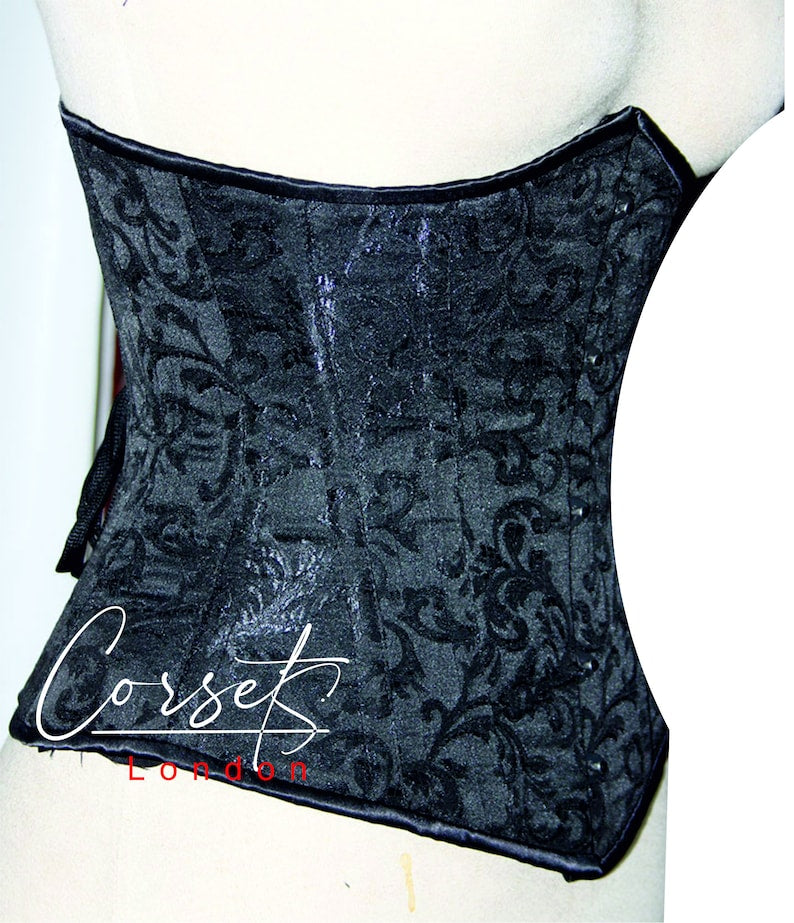 Black Gothic Brocade Underbust Corset: Steel Boned Victorian Waist Trainer