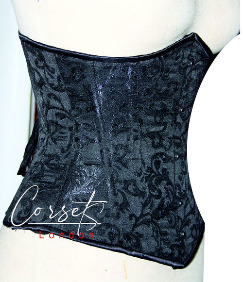 Black Gothic Brocade Underbust Corset: Steel Boned Victorian Waist Trainer