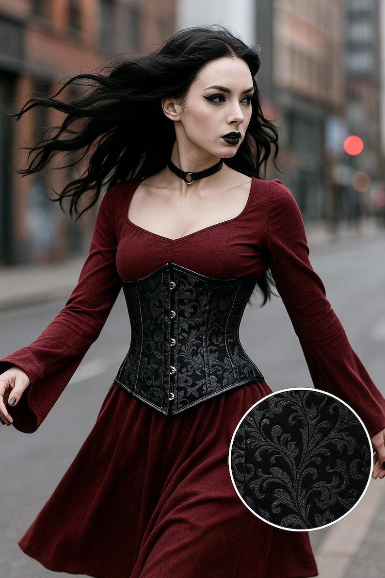Black Gothic Brocade Underbust Corset: Steel Boned Victorian Waist Trainer