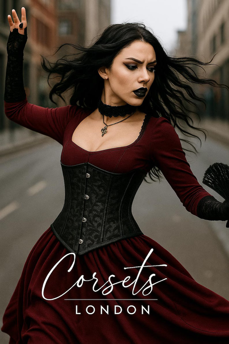 Black Gothic Brocade Underbust Corset: Steel Boned Victorian Waist Trainer