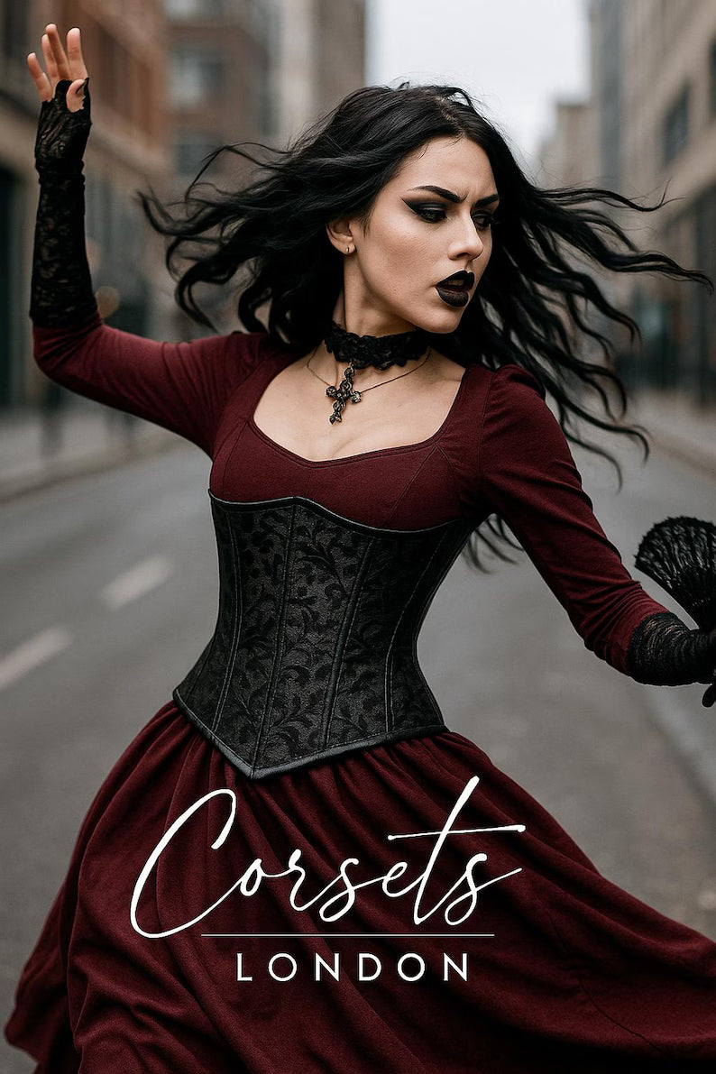 Black Gothic Brocade Underbust Corset: Steel Boned Victorian Waist Trainer